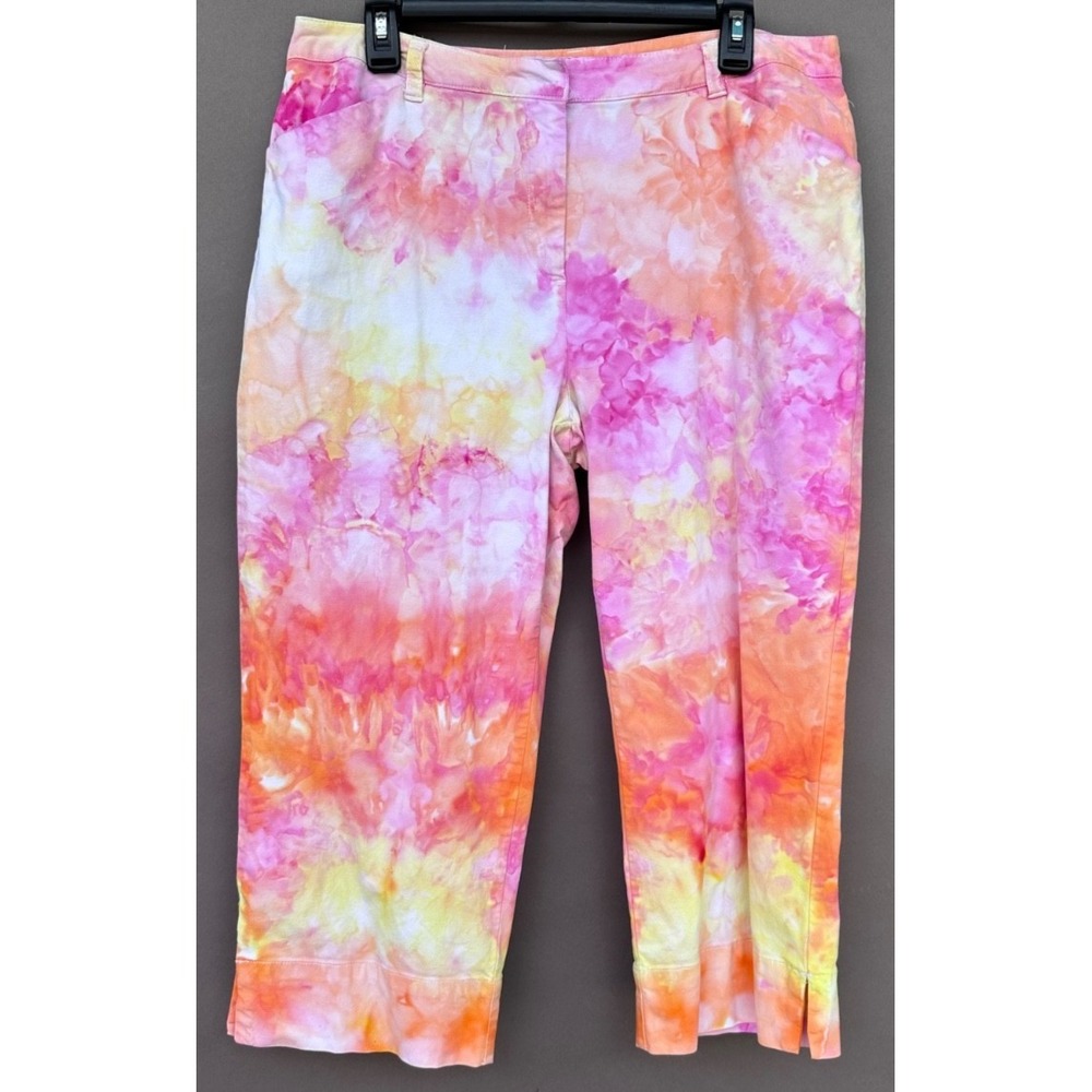 JM Collections Capri Pants 14 Pink Tie Dye Stretch Crop Pockets Boho Coastal‎